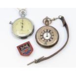 A silver half hunter pocket watch, white dial with numeral markers, case approx 50mm, monogramed