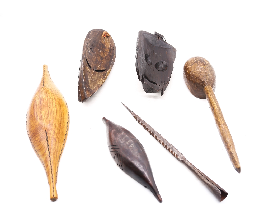 A collection of African treen items to include masks, bowls and water spoon along with a spearhead. - Image 2 of 2