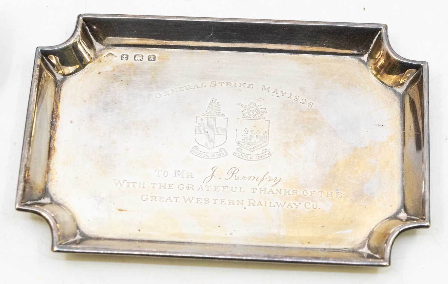 A silver rectangular pin dish Birmingham 1925 with presentation inscription, length approx 13cm, a - Image 2 of 3