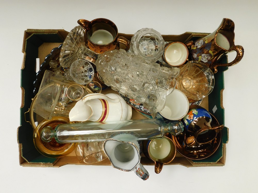 A collection of early 20th Century Luster wares, water jugs and glasswares, some with minor chipping