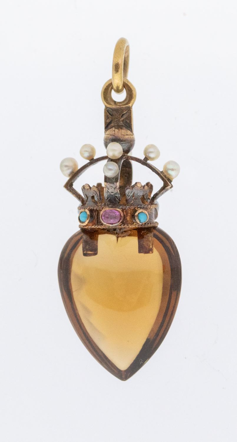 A late Victorian citrine and gold heart and crown pendant, comprising a heart shaped citrine with - Image 2 of 2