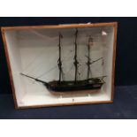 Handmade early 20th Century ship in wooden glazed front case , the ship "Gustave" built in 1848