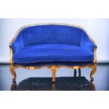 A mid 20th Century Louis XV sofa suite in mahogany and dark blue velvet covering with gilt detail,