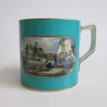 A F & R Prattware late 19th Century large turquoise ground mug, transfer printed with ‘the stone