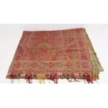 A very large paisley shawl or bed cover, wool tassels (some missing, some holes and some wear and