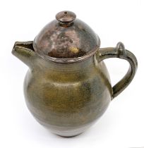 Abuja Pottery, Nigeria coffee pot, dark green glaze on a brown clay ground signed PK at the base