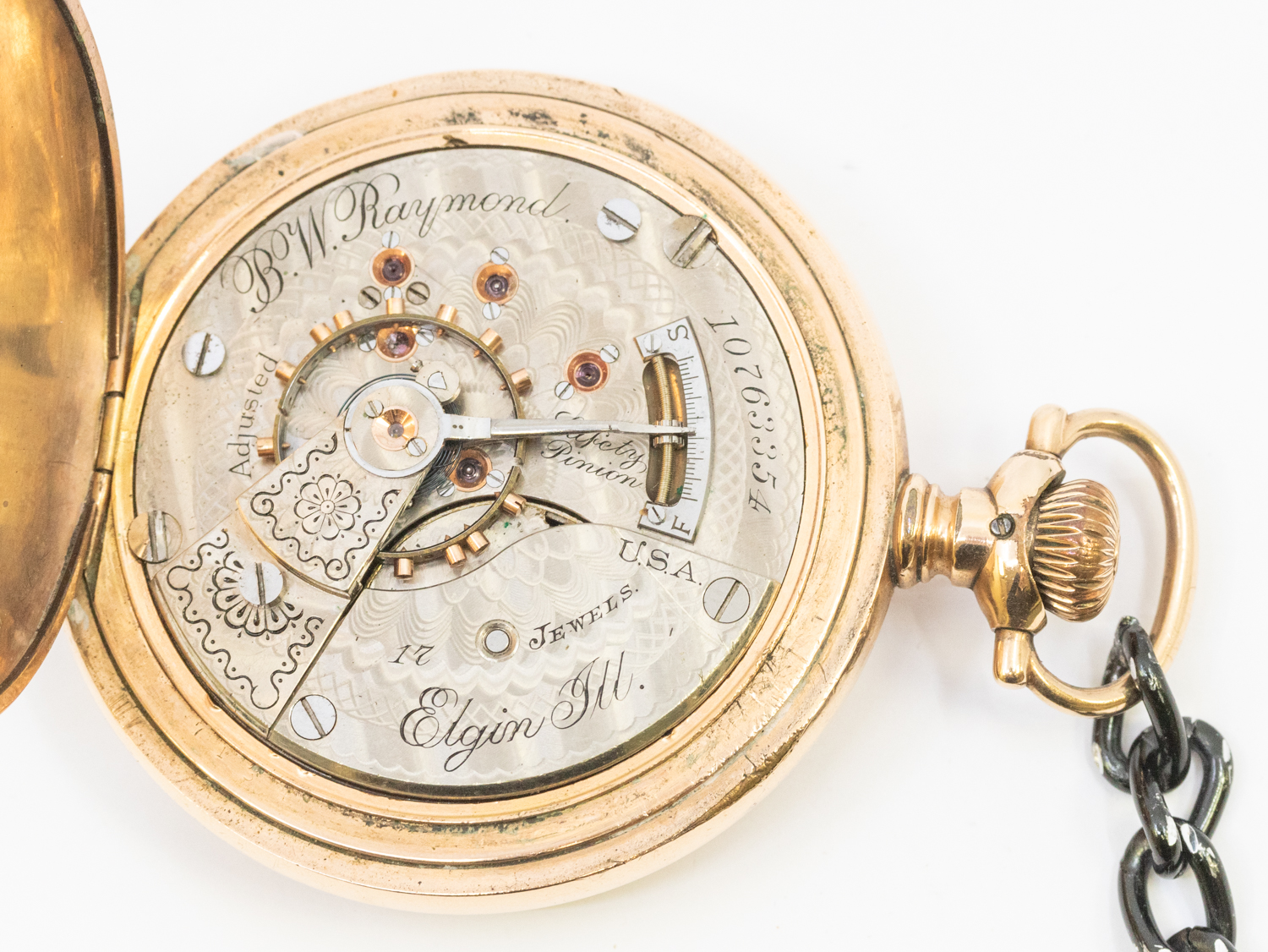 An Elgin gold plated hunter pocket watch, comprising a signed white dial with Arabic markers, - Image 2 of 2