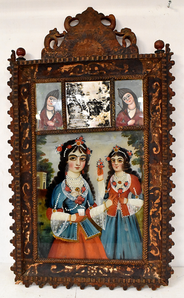 A pair of 19th century Indo-Persian reverse glass paintings, each a pair of young women of the Qajar - Image 4 of 5