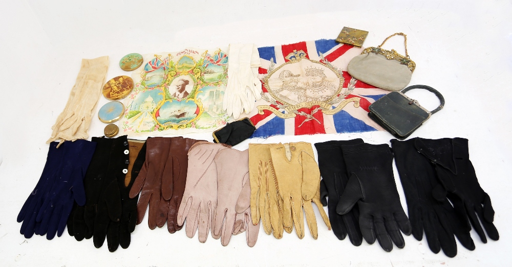 An assortment of memorabilia to include:- gloves, one pair is cream lace, 1960s plus black suede