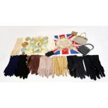 An assortment of memorabilia to include:- gloves, one pair is cream lace, 1960s plus black suede