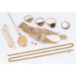 A collection of weighable 9ct gold including a locket, chains, gate bracelet, 2 signet rings