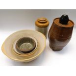Stone ware sherry cask, stone ware container along with stone ware mixing bowls.
