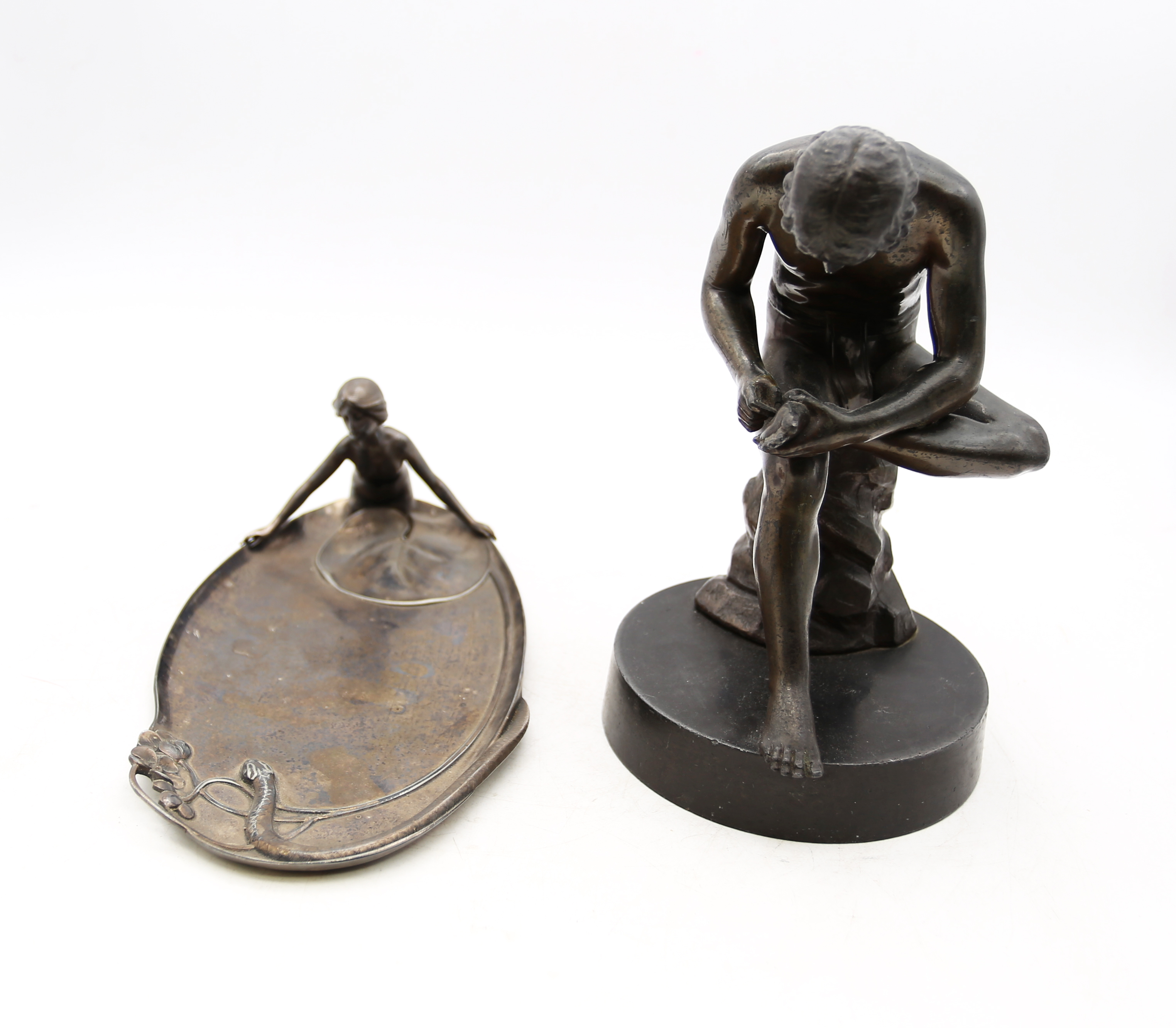 An early 20th Century WMF art nouveau pin dish along with a spelter figure of a classical man. - Image 5 of 7