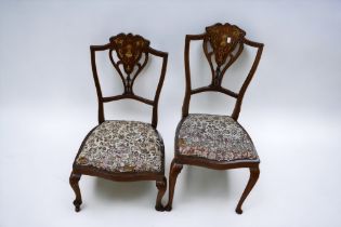 Matching pair of Edwardian inlaid chairs in mahogany.