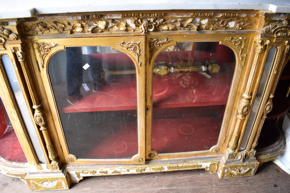 A large 19th century, gilded credenza, having marble top and mirror back, significant losses, - Image 4 of 6
