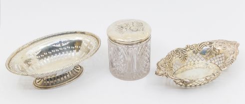 A group of silver to include: Edwardian silver shaped oval reticulated bon bon / dressing table