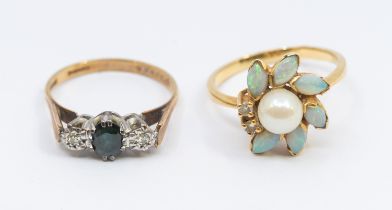 A continental pearl, opal, diamond and gold cluster ring, comprising a central cultured pearl within