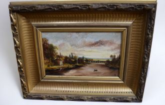 A 19th century oil on canvas of a river scene, signed bottom right, framed, 22cm x 14cm