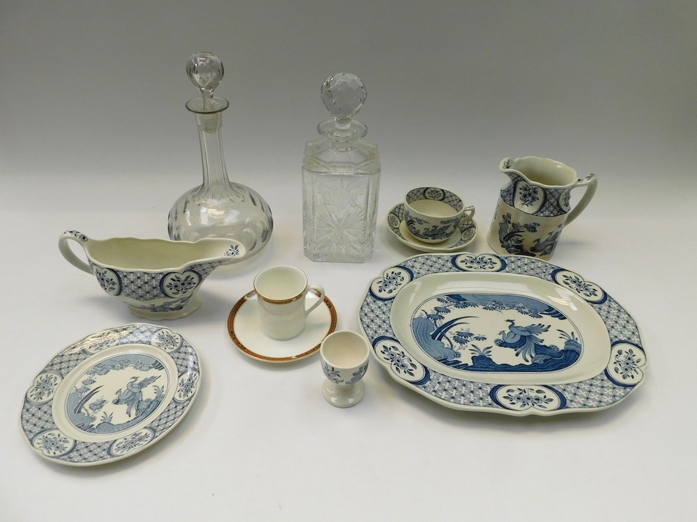Old Chelsea blue and white tea/coffee and dinner service along with other china wares and glass
