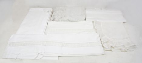 A set of white, brushed cotton bed linen with crocheted lace purchased in 1937 to include cover,
