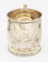 A George V silver christening mug, on stepped circular footed base, curved handle, initialled "