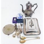 A collection of mixed silver plated items to include; an ornate James Dixon & Sons EPBM engraved