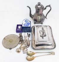 A collection of mixed silver plated items to include; an ornate James Dixon & Sons EPBM engraved