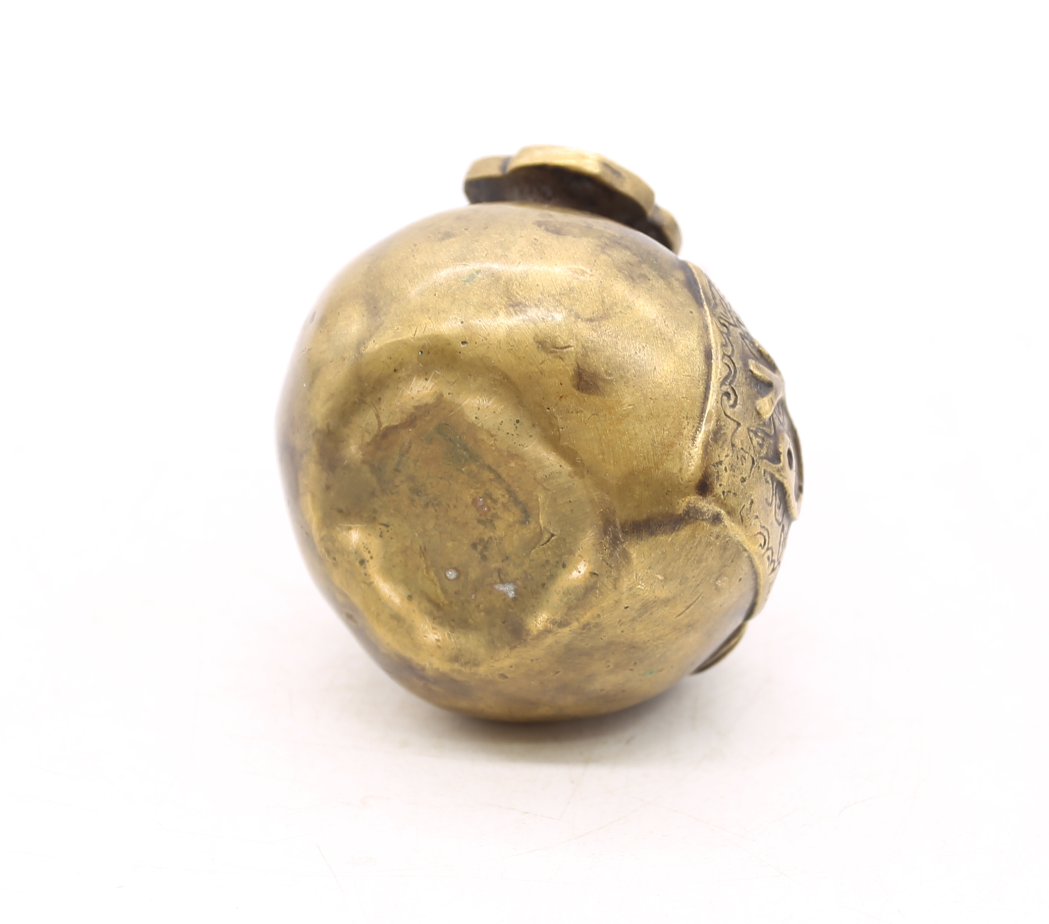 Oriental bronze items comprising a figural rat on a peach, tripod incense bowl decorated with - Image 3 of 4