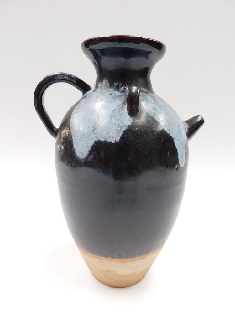 A Chinese Tang Dynasty style phosphatic splash brown glazed ewer, the ovoid body with large loop - Image 2 of 3