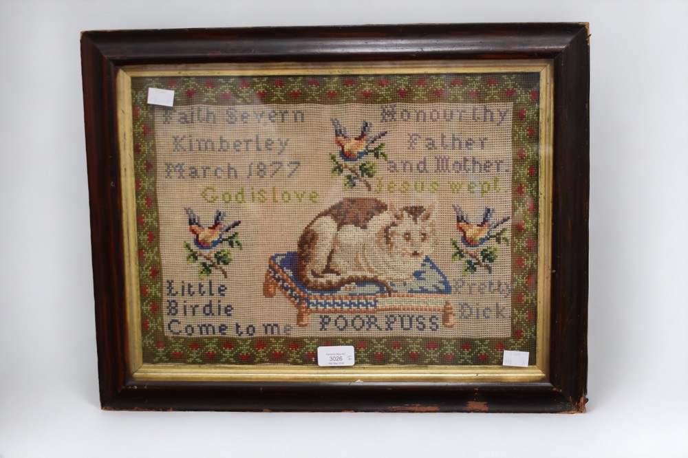 Two 19th Century samplers, both c1877, one with birds and cat, other just birds, both framed, 43cm x