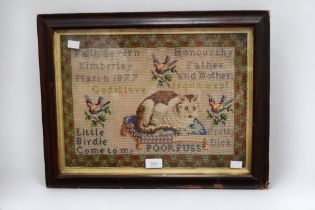 Two 19th Century samplers, both c1877, one with birds and cat, other just birds, both framed, 43cm x