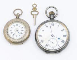 A ladies 800 silver open faced pocket watch, key wind, winds and working,  along with key,