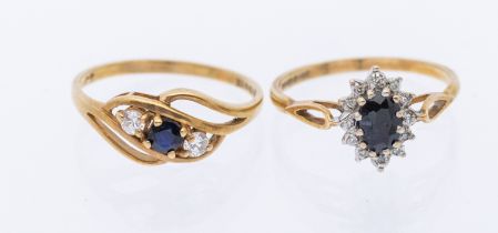 A cz and sapphire 9ct gold three stone ring, size N, along with a diamond and sapphire 9ct gold