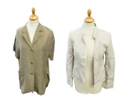 A Max Mara silk mix khaki green jacket, XL, with revere collar, short sleeves, 3 brass buttons,
