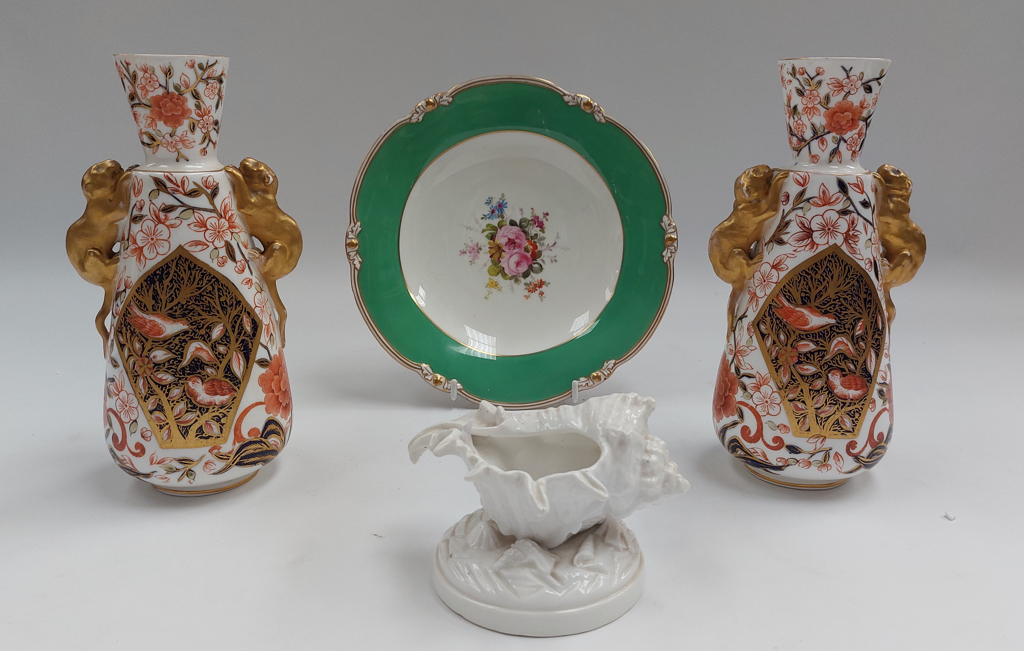 A pair of late 19th Century Royal Crown Derby vases, an early 20th Century Royal Crown Derby comport