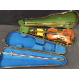 An early 20th Century violin in case with bows along with a 19th Century violin case with bow.