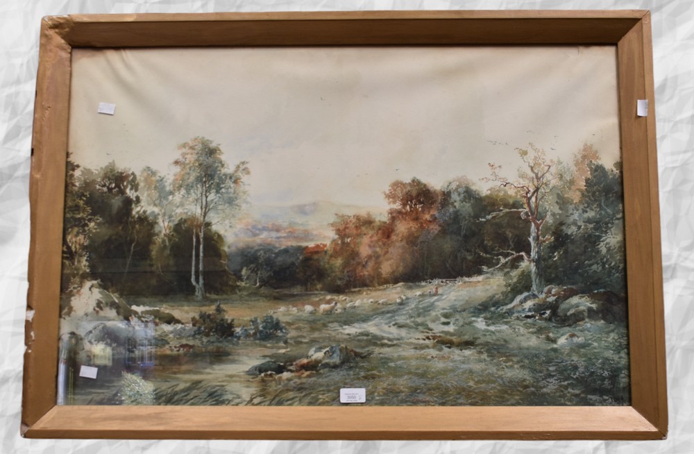 A 19th Century English school watercolour of sheep by a river in gilt frame along with a French