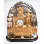 A 19th Century French gilt spelter eight day mantle clock in glass dome, Roman and Arabic numerals