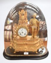 A 19th Century French gilt spelter eight day mantle clock in glass dome, Roman and Arabic numerals