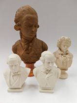 A collection of four busts of composers, two Parian ware depicted as Derby and Granville, a larger