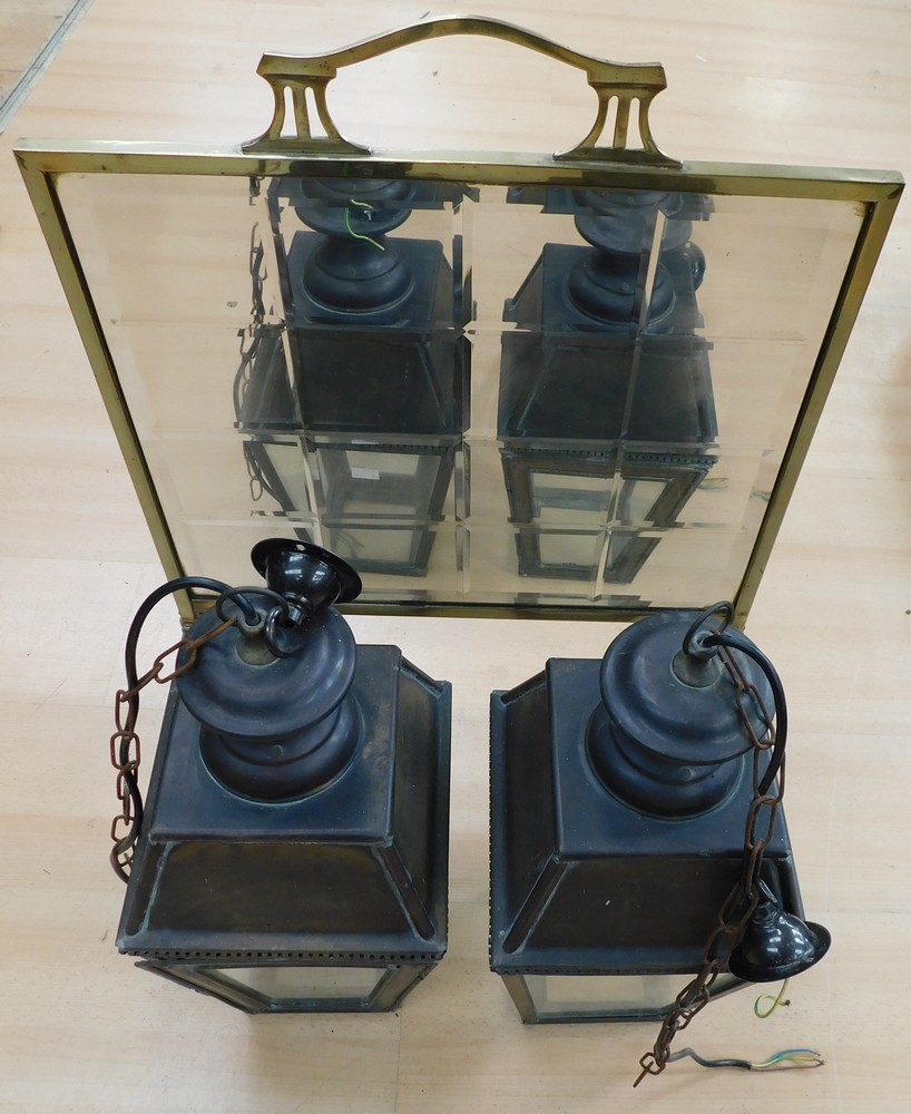 A pair of 20th century hanging lanterns with four glazed sides each and pendant and chain hangers to - Image 2 of 3