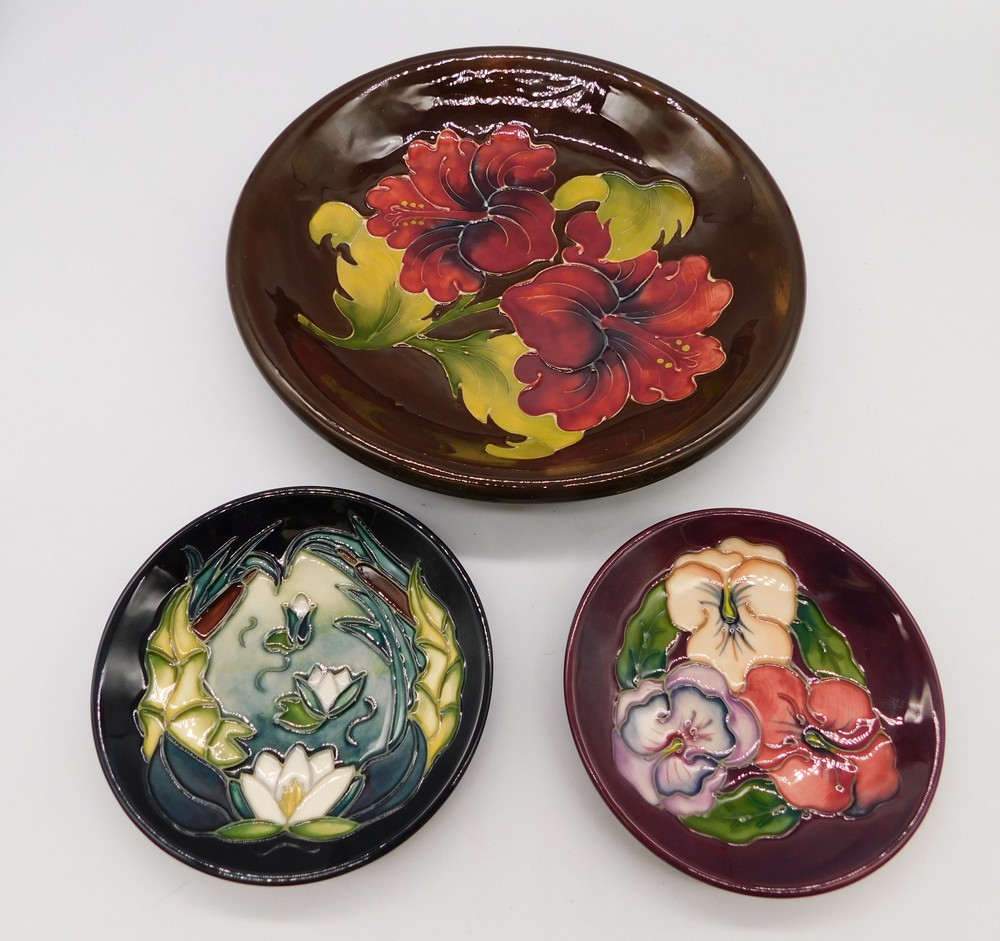 A Moorcroft Lamia design Coaster , designed by Rachel Bishop together with a Moorcroft Pansy