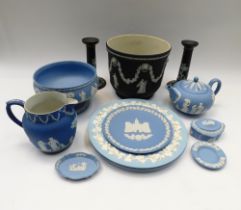 A collection of Wedgewood Jasperwares to include planters, teapot, candle sticks, bowls etc. chip to