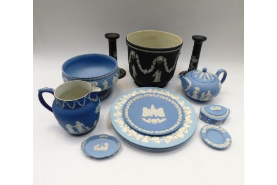 A collection of Wedgewood Jasperwares to include planters, teapot, candle sticks, bowls etc. chip to - Image 1 of 2