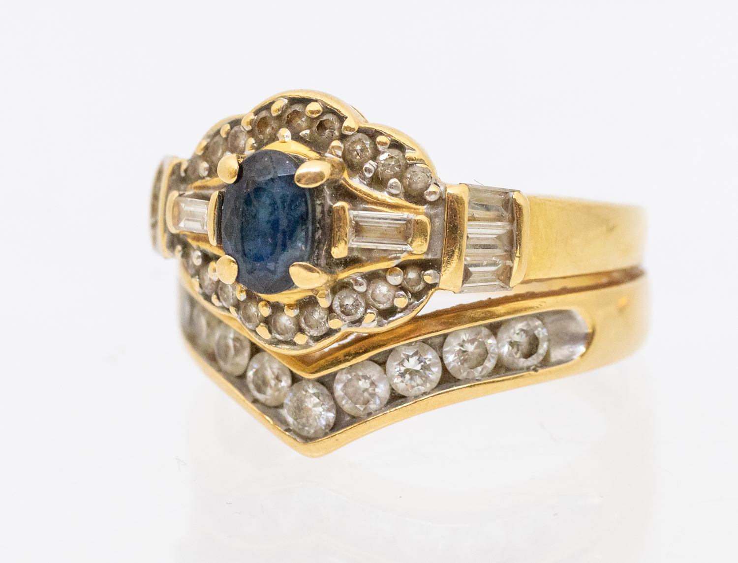 A sapphire and diamond  18ct gold ring with an attached diamond set wishbone, width approx 14mm, - Image 2 of 3