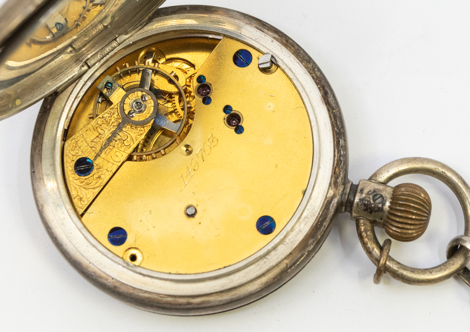 A silver half hunter pocket watch, white dial with numeral markers, case approx 50mm, monogramed - Image 2 of 2