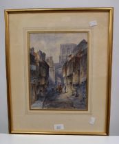 Thomas Dudley (British, 1857-1935) watercolour of Fossgate in York, 30 x 22cm, signed and dated.