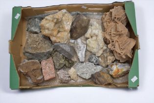 A collection of various rocks and minerals including desert rose approx 27cm, granite, calcite