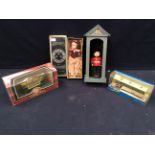 Corgi, Plaxton coach with Corgi tram, in boxes along with a Royal tourist doll in guard box and a