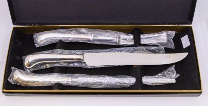 A modern Arthur Price three piece carving set, steel bladed, with silver plated handles, in original
